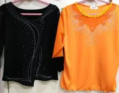 C-3 社交ダンス レッスンウェア 2点セット ラインストーン付　黒、オレンジ