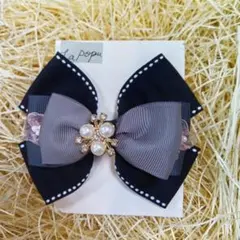 【La-Popu】リボン型ヘアゴム大L59　黒・グレー　パールとストーンの装飾