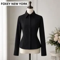FOXEY ロゴ刺繍 比翼ボタン ストレッチ 長袖シャツ ブラウス 黒 40のサムネイル