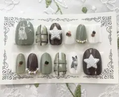 ハンドメイド　ネイルチップ　猫ネイル　チェックネイル　星ネイル　ハチワレ