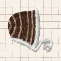 ハンドメイド ボンネット フード付き ニット帽 ボーダー 手編み 編み物