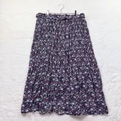 ✨花柄ロングスカート【3L】紺 春夏 軽い生地感 フレア ウエストゴム ベルト付