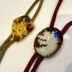 ドラゴン & 帆船 本べっ甲 ループタイ 2本セット 鼈甲 裏彫細工