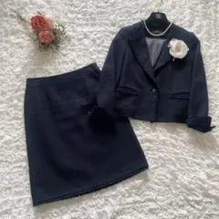 グリーンレーベルリラクシング　ツイードセットアップ　スカートスーツ　ネイビー　Ｓ