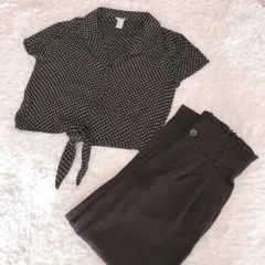 FOREVER 21 クロップドシャツ　ドット　黒　M パンツ　無地　セット