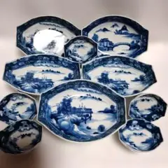 古伊万里 染付 長皿 10枚組 山水図 幕末～明治 和食器 まとめ 2/2