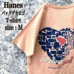 IT75 US古着ヘインズカロライナガールバックデカロゴサーモンピンクTシャツ