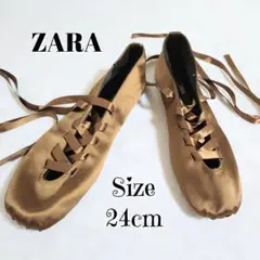 新品 ZARA ザラ ブラウン サテン レースアップ バレエシューズのサムネイル