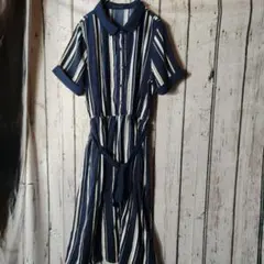 CHIP CLIP【ワンピース】半袖　Lサイズ　ストライプ柄　レトロ柄　お洒落