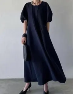美品】CLANE クラネ ランタンスリーブフレアワンピース オレンジ