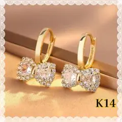 ピアス K14 ゴールド リボン型 フープ クリスタル 1.5cm 可愛い