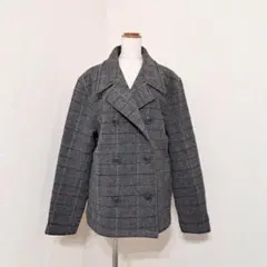 ZAPATEAR チェック柄ピーコート ダブル グレー 毛 ウール メンズ【M】
