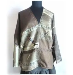 ブラウス　着物リメイク　一点物　茶系　パッチワーク