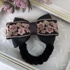 【SALE】インド刺繍リボンとグログランリボン ベルベットのヘアゴム ブラックA