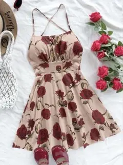 バラ柄キャミワンピース ベージュ