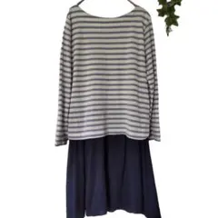 【ハッシュアッシュ】 ワンピース　膝丈　ボーダー　長袖　異素材ドッキング