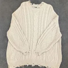 ダメージ ケーブルニット プルオーバー アイボリー ゆるだぼ 丸首 クルーネック