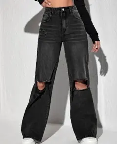 ハイウエスト　ワイドレッグ　ダメージジーンズ