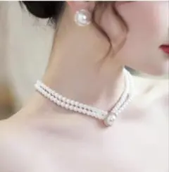 二重パールネックレス ピアス 指輪　ゴールド装飾付き