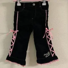 メゾピアノ フレアパンツ 90cm ブラック ピンク装飾レースリボン　ラメ糸