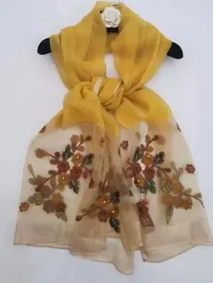 ストール 花柄 おしゃれ薄手刺繍黄色スカーフ紫外線対策ショールシルクウールパール