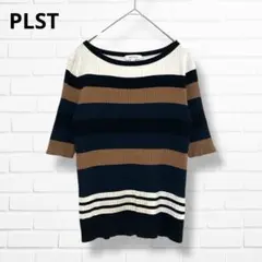 PLST 五分袖 リブカットソー【Ｍ】ランダムボーダー
