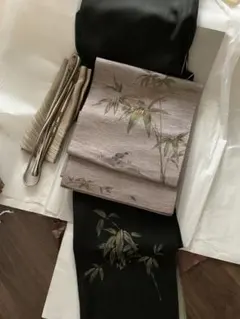 正絹 着物 黒緑系 帯、帯揚げ、帯締めセットのサムネイル