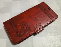 しわあり iPhone13 用 PUレザーケース 高級感 手帳型 レッド 紅色