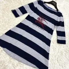 美品バーバリーブルーレーベルのストライプワンピース　ロゴ　グレー/ネイビーS