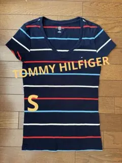 TOMMY HILFIGER ネイビー ストライプ Vネック Tシャツ