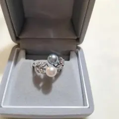 桃様専用　あこや真珠　青と白の2色リング