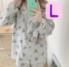 パジャマ 韓国 ルームウェア クマ柄 熊 部屋着 新品 L 韓国 前開き 長袖