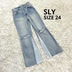SLY フレアデニムパンツ24ライトブルーリメイク風 ハイウエスト美脚アンクル丈