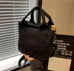 キャンバスショルダー 2way 黒 仕切り ミニトート 多収納 通勤 通学 旅行