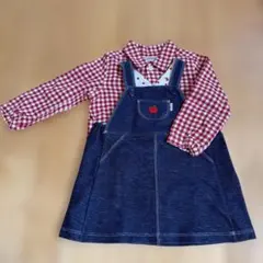 【未使用品】ミキハウス デニムジャンパースカート+チェック柄シャツセット　80㎝