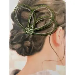 水引のヘアピン　和装　髪飾り　グリーン×ゴールド　【ハンドメイド】