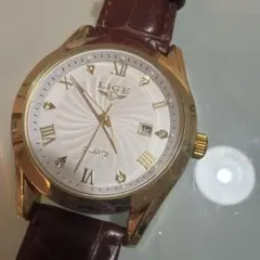 LIGE クォーツ腕時計 ゴールド ブラウンレザーベルト　men's Watchのサムネイル