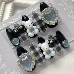 ネイルチップ 量産型 地雷 サブカル 天使界隈 水色 黒 ハート クマ リボン