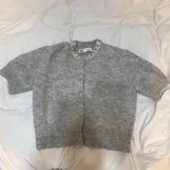ZARA ビジュー付き 半袖ニット カーディガン グレー Sのサムネイル