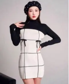 Darich ドッキングリボンデザインニットミニワンピース アイボリー