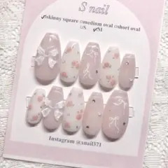 ネイルチップ ピンク 花柄 リボン マグネットフレンチ ガーリー 春ネイル