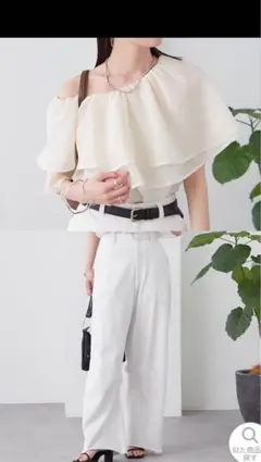 シアーフリルオフショルブラウス& カーブスウェットパンツ