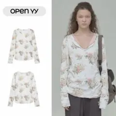 open yy ホワイト/花柄 長袖 ロンT カットソー S - メルカリ