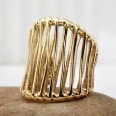 透かし　幅広　オープンリング　ワイド　ゴールド　ステンレス　18k GP レトロ