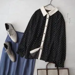 ブランドアイボリーホワイトSHIPSバイカラーパイピングドットシャツブラウス長袖