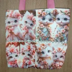 猫と花のデザイン トートバッグ
