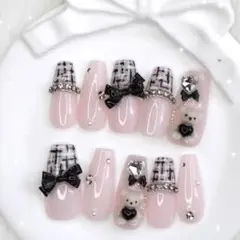 408 現品ネイルチップ フレンチガーリー ワンホン 量産型 スナ系 くまちゃん