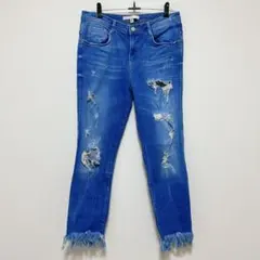ZARA TRAFALUC ダメージ スキニーデニムEUR38 裾フリンジ 濃紺