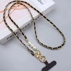 【ブラック】スマホショルダーストラップ　パール　韓国　キルティング　チェーン 黒