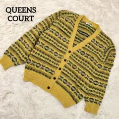 クイーンズコート ニットカーディガン 羽織り 長袖 総柄 黄色 毛100% 9号